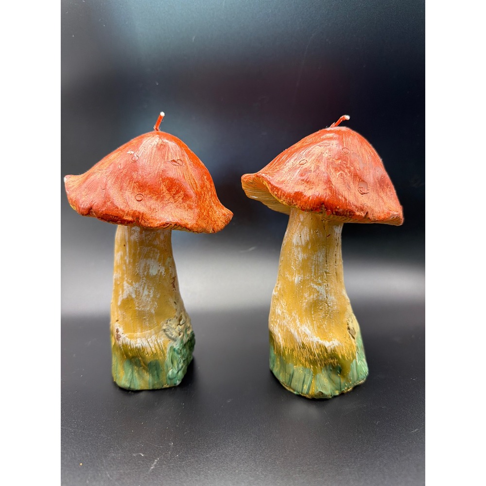 Vintage Mushroom Toadstool Wax Candles Set of 2 Orange Cottagecore Decor
